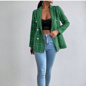 SHEIN Green Tweed Plaid Blazer Womens Double Breasted Jacket Size Medium